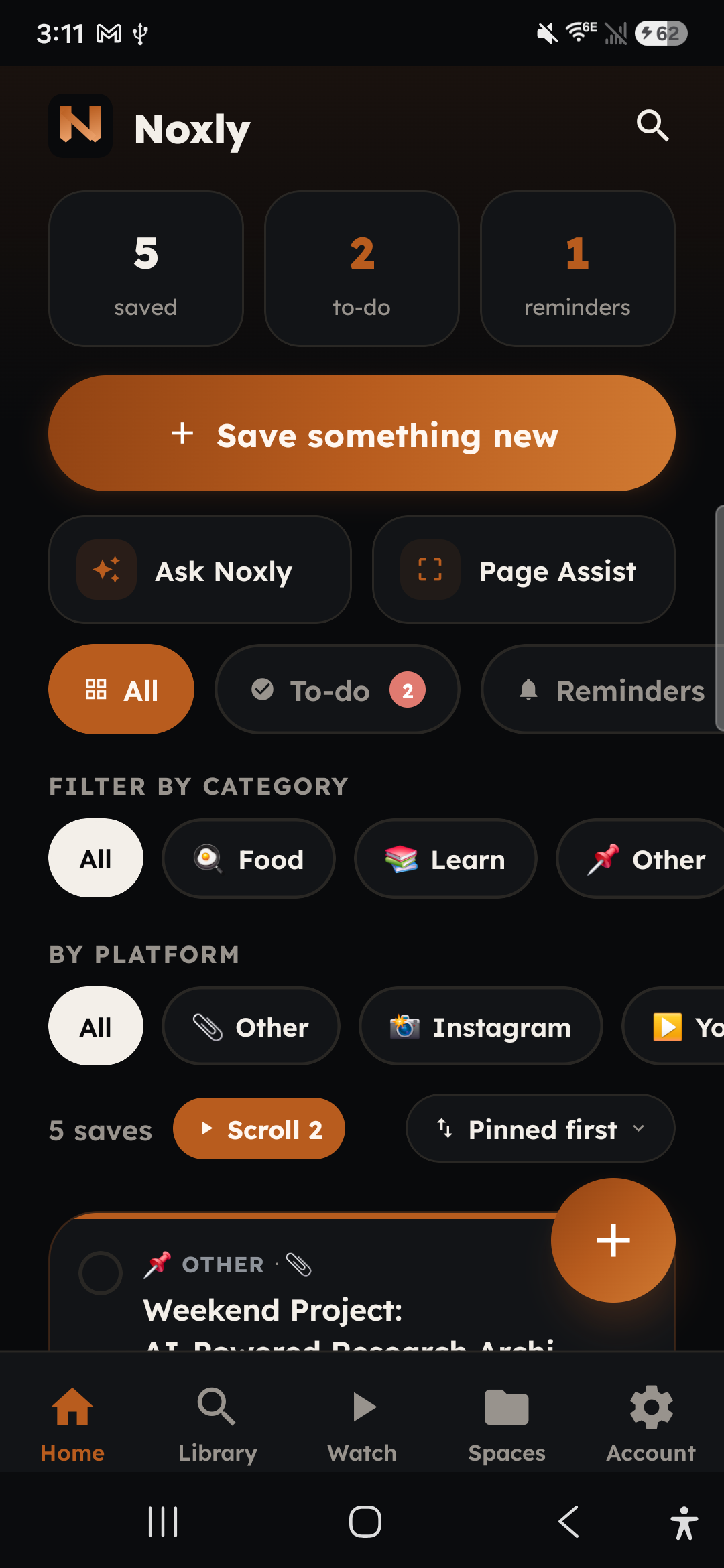 A real Noxly app screen showing saved items and collections